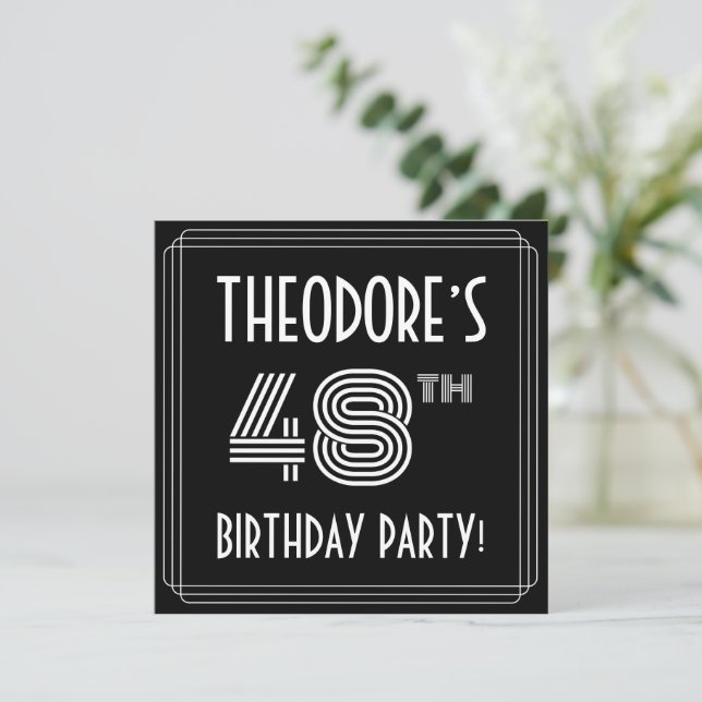 Invitación 48.ª fiesta de cumpleaños: Art Deco Style con nomb (Anverso de pie)