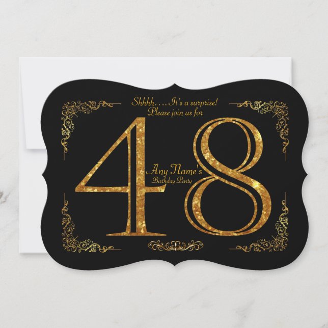 Invitación 48, fiesta de cumpleaños 48, gran Gatsby, negro y  (Anverso)