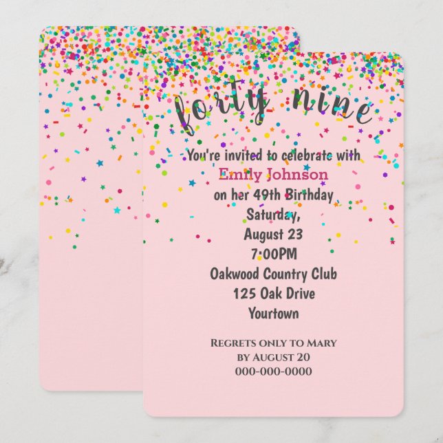 Invitación 49.º Confetti De Cumpleaños En Rosa (Anverso / Reverso)