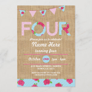 Invitación 4.ª Fiesta de cumpleaños Cuatro Rosas de Burlap In