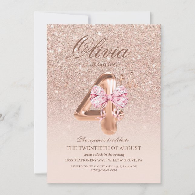 Invitación 4.ª fiesta de cumpleaños del Rosa Pink Gold Bow (Anverso)