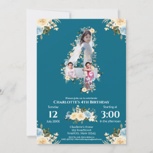 Invitación 4.ª flor Collage de fotos Verde azulado amarillo a