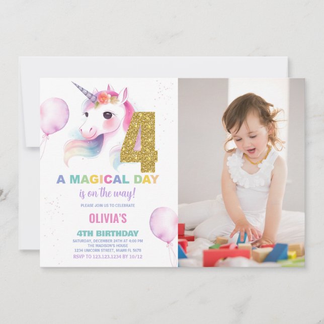 Invitación 4.ª foto de unicornio de cumpleaños (Anverso)