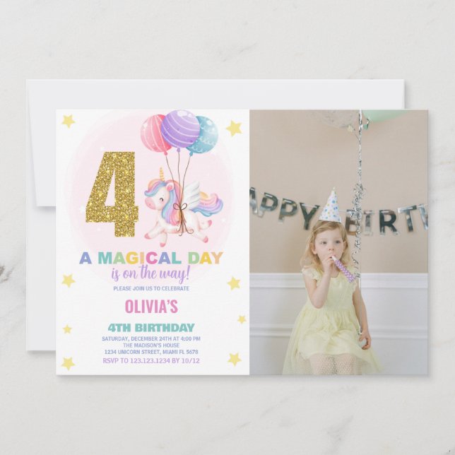 Invitación 4.ª foto de unicornio de cumpleaños (Anverso)
