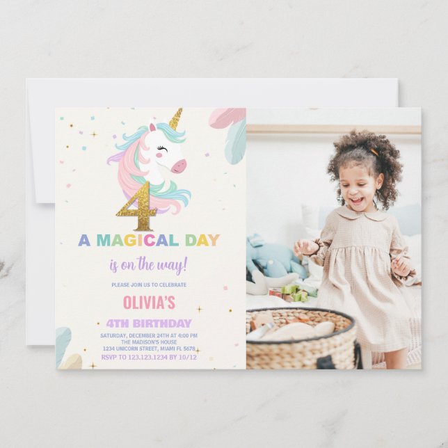 Invitación 4.ª foto de unicornio de cumpleaños (Anverso)