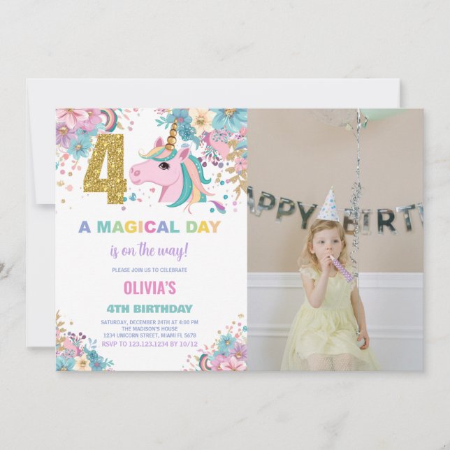 Invitación 4.ª foto de unicornio de cumpleaños (Anverso)