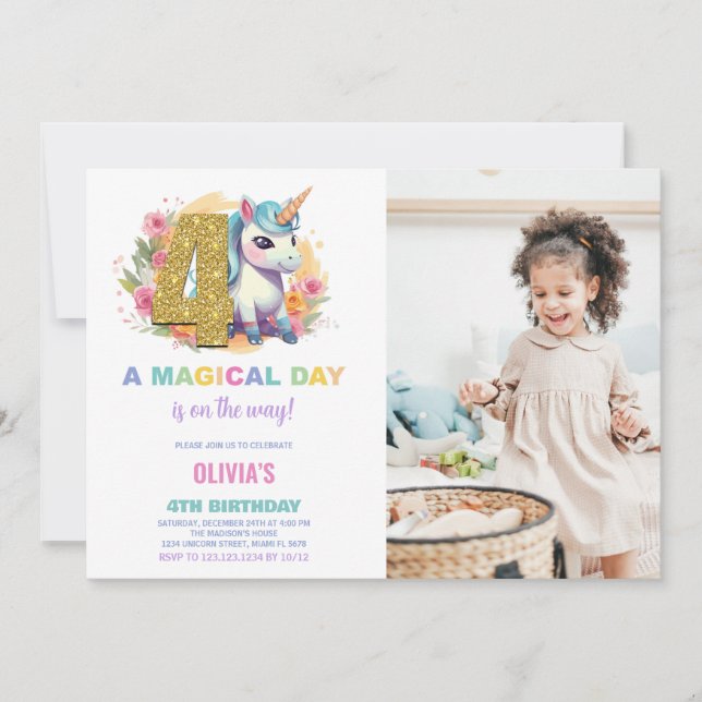 Invitación 4.ª foto de unicornio de cumpleaños (Anverso)