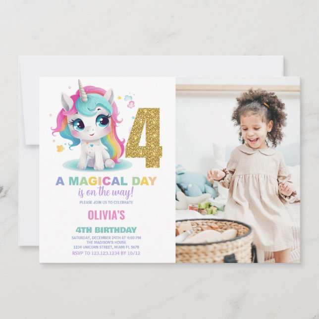 Invitación 4.ª foto de unicornio de cumpleaños (Anverso)