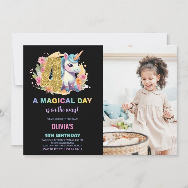 Invitación 4.ª foto de unicornio de cumpleaños (Anverso)