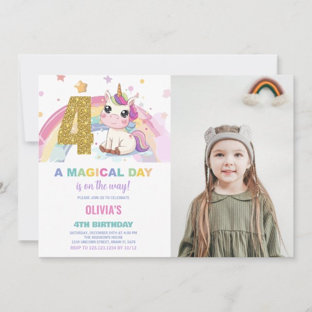 Invitación 4.ª foto de unicornio de cumpleaños (Anverso)