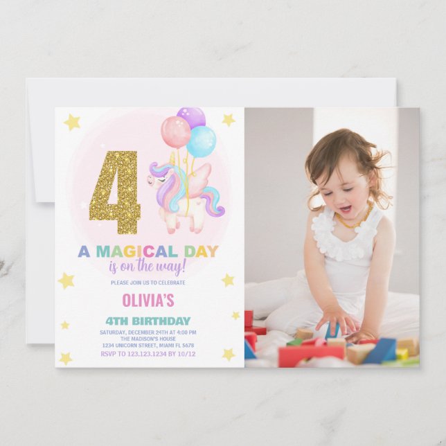 Invitación 4.ª foto de unicornio de cumpleaños (Anverso)