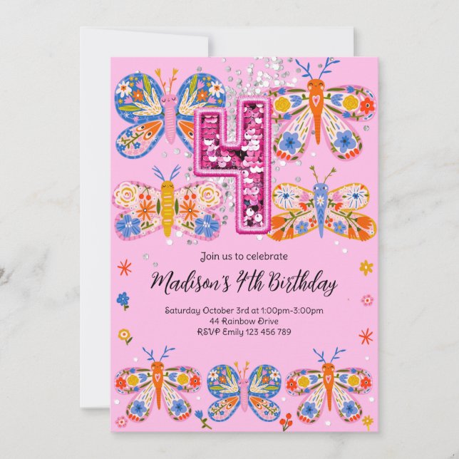 Invitación 4.ª mariposa de cumpleaños (Anverso)