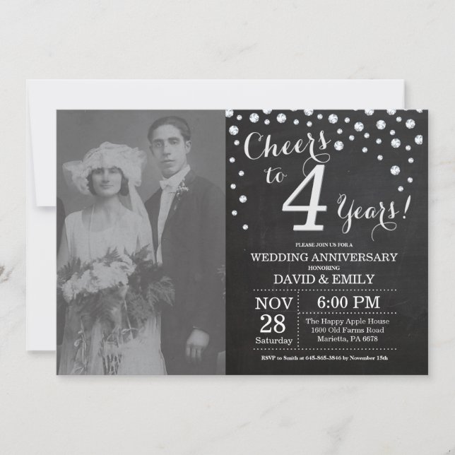 Invitación 4.º aniversario Boda Chalkboard Black Silver (Anverso)