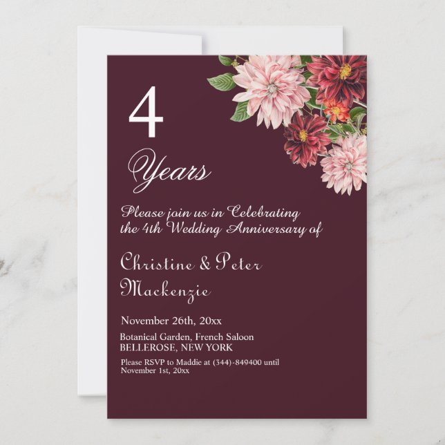 Invitación 4.º Aniversario del Boda de la Fruta Borgoña Flora (Anverso)