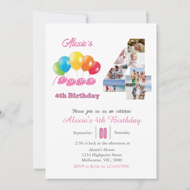 Invitación 4.º Chica del collage de fotos de cumpleaños númer (Anverso)