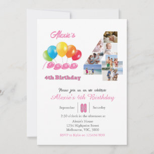 Invitación 4.º Chica del collage de fotos de cumpleaños númer