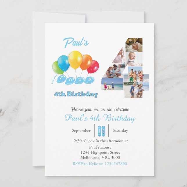 Invitación 4.º collage de fotos de cumpleaños número 4 Boy (Anverso)