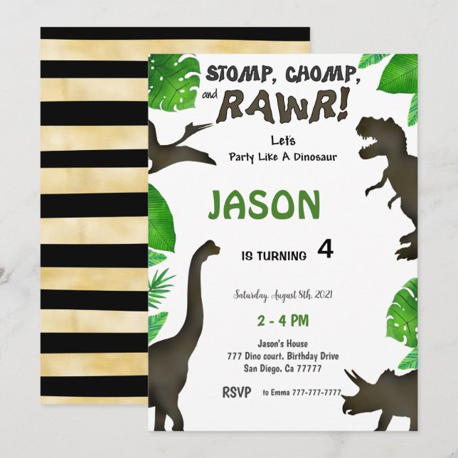 Invitación 4.º cumpleaños, cumpleaños de los dinosaurios (Anverso / Reverso)
