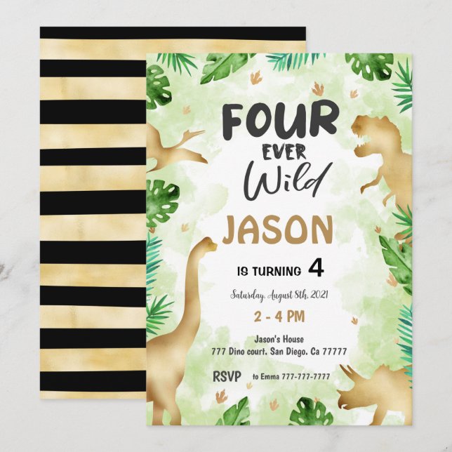 Invitación 4.º cumpleaños, cumpleaños de los dinosaurios (Anverso / Reverso)