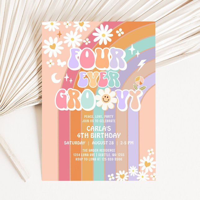 Invitación 4.º cumpleaños de Groovy Daisy Rainbow Groovy (Subido por el creador)