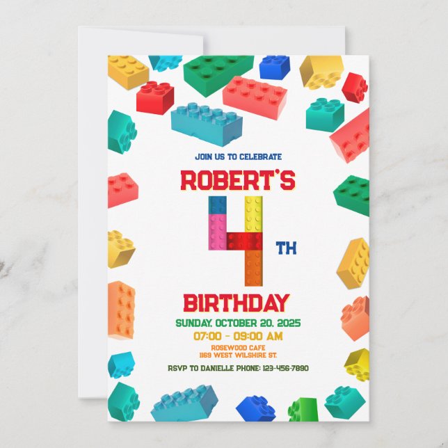 Invitación 4.º cumpleaños de los bloques de construcción, lad (Anverso)