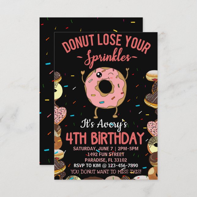 Invitación 4.º Cumpleaños Donut pierde a tus Chicas Sprinkles (Anverso / Reverso)