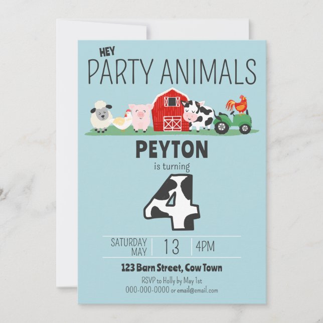 Invitación 4.º cumpleaños Fiesta Animales Granja Cumpleaños (Anverso)