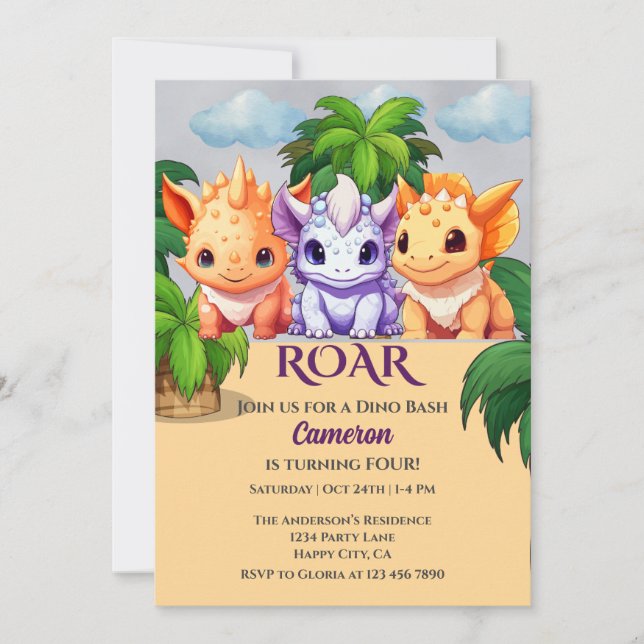 Invitación 4.º cumpleaños Fiesta de dinosaurio a Dino Bash (Anverso)