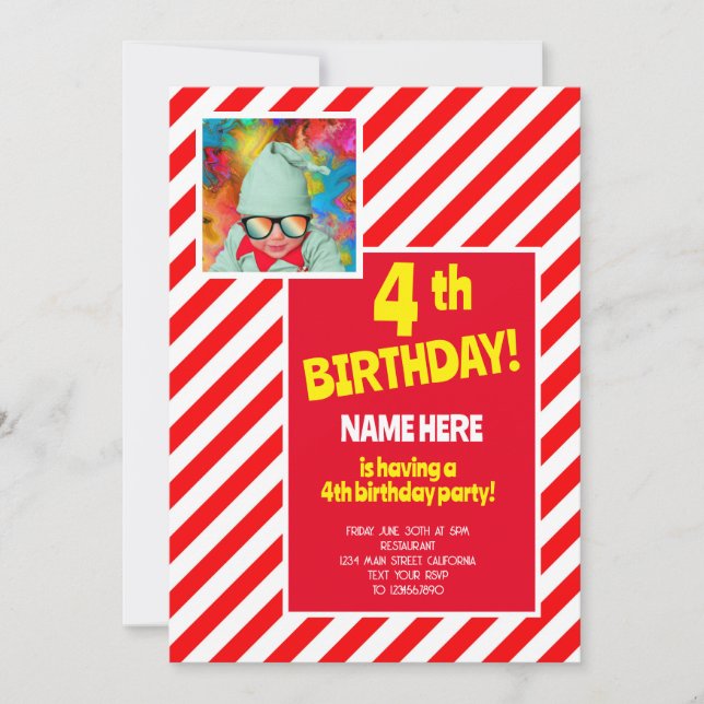 Invitación 4.º cumpleaños Fiesta Red White Candy Stripe Bday (Anverso)