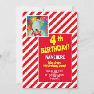 Invitación 4.º cumpleaños Fiesta Red White Candy Stripe Bday