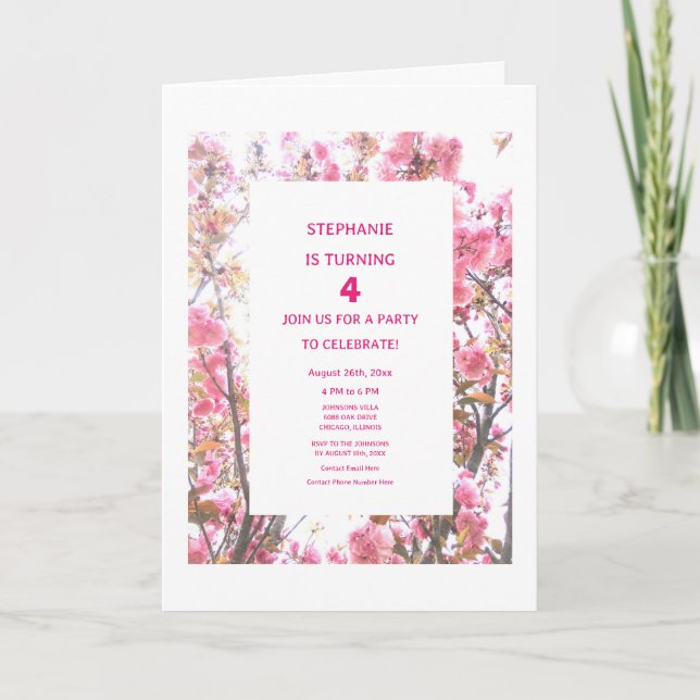 Invitación 4.º cumpleaños Floral rosa Cuarto Personalizado de (Anverso)