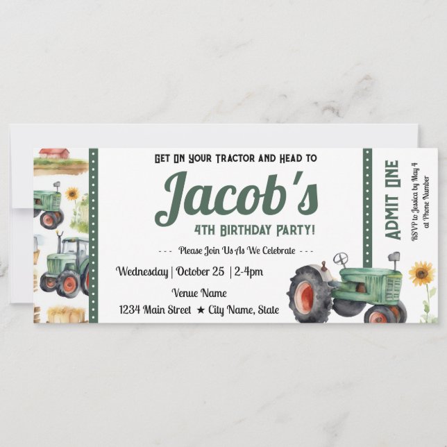 Invitación 4.º Cumpleaños Obtén tu Tractor Ticket Boy (Anverso)