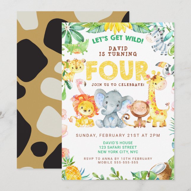 Invitación 4.º cumpleaños Safari Animales Selva Zoológico 4 (Anverso / Reverso)
