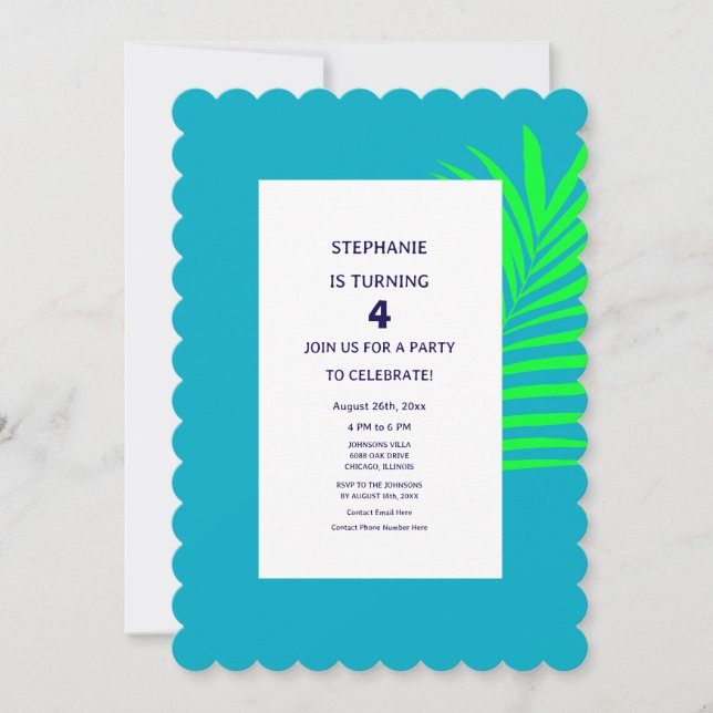 Invitación 4.º cumpleaños Verde azulado Blue Green Palm Leaf  (Anverso)