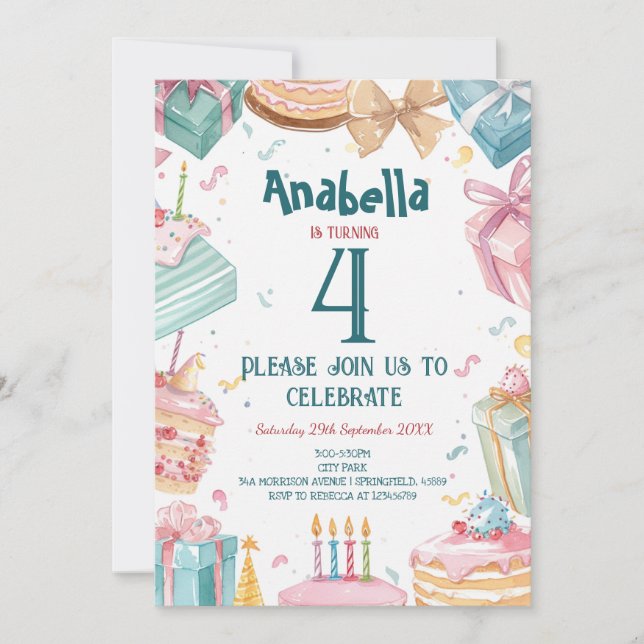 Invitación 4.º cumpleaños y Fiesta de cumpleaños de Cakes Kid (Anverso)