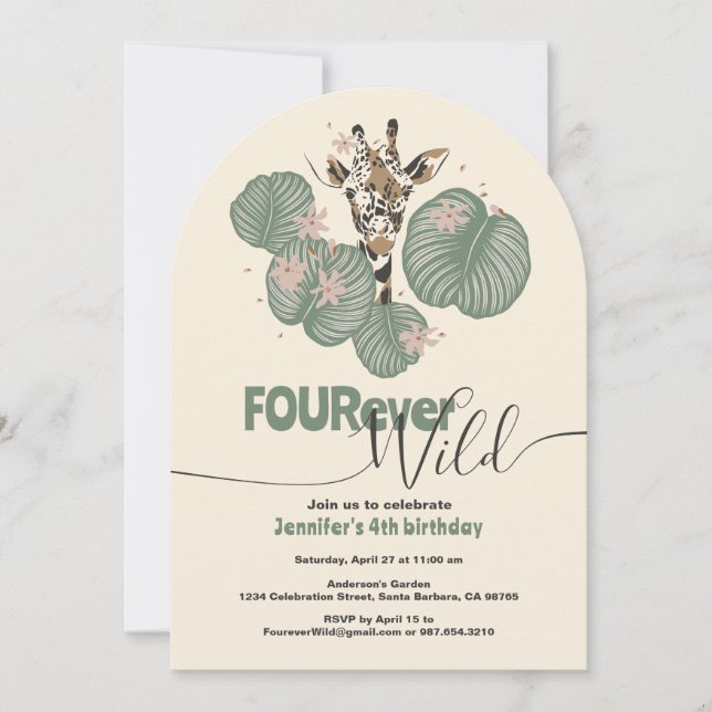 Invitación 4.º Fiesta de animales de la jirafa del Safari de  (Anverso)
