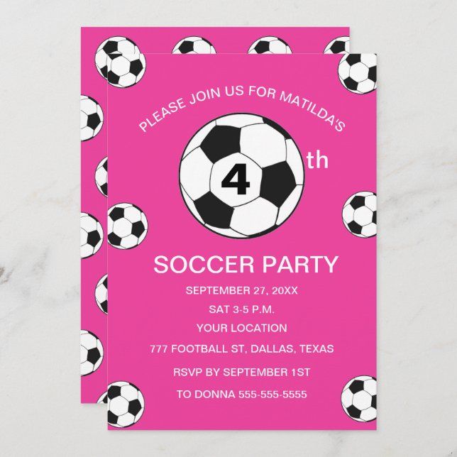 Invitación 4.º Fiesta de cumpleaños Chicas rosados de fútbol (Anverso / Reverso)