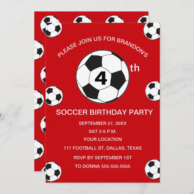 Invitación 4.º Fiesta de cumpleaños fútbol Red Boys Sports (Anverso / Reverso)