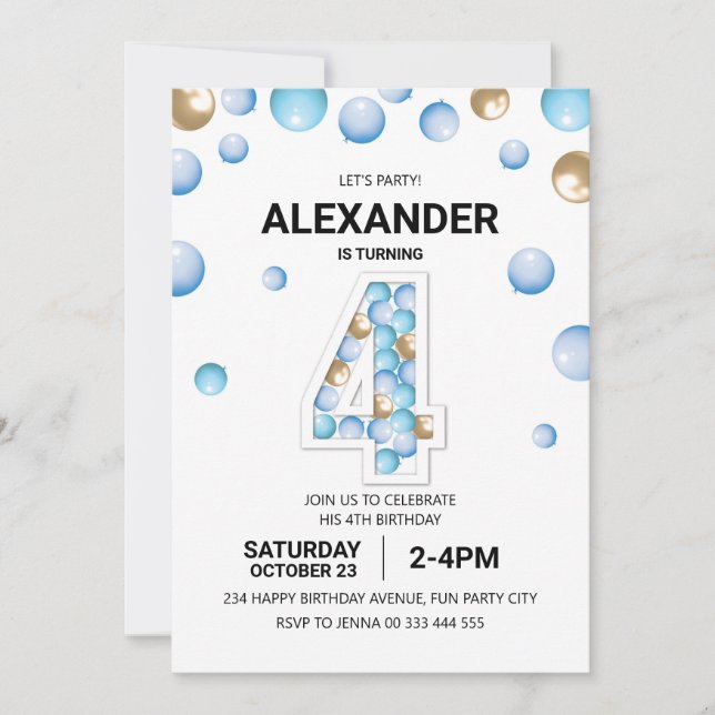 Invitación 4.º Fiesta de cumpleaños, niño con globo azul y or (Anverso)