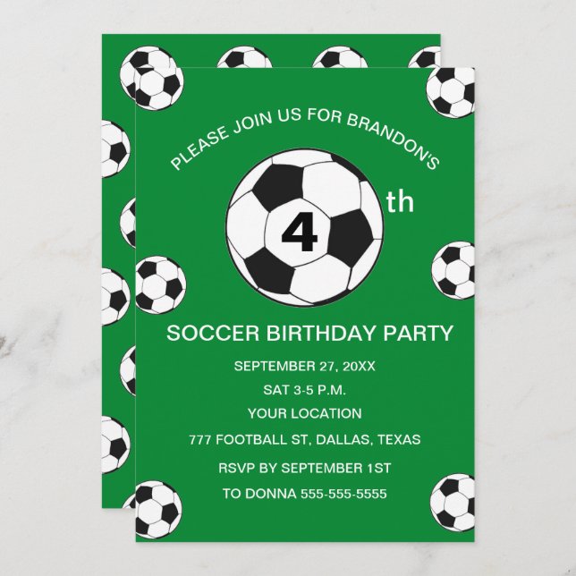 Invitación 4.º Fiesta de cumpleaños Soccer Green Boys Sports (Anverso / Reverso)
