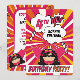 Invitación 4.º Fiesta de cumpleaños Superhéroe cómic rosado p
