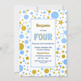 Invitación 4.º Fiesta Purpurina Azul y Oro de cumpleaños