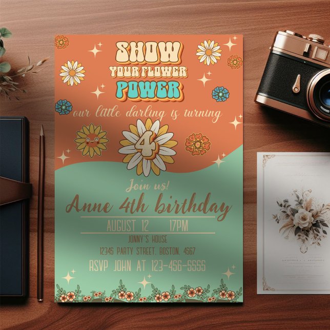 Invitación 4.º retro estilo bohemio groovy de cumpleaños (Subido por el creador)