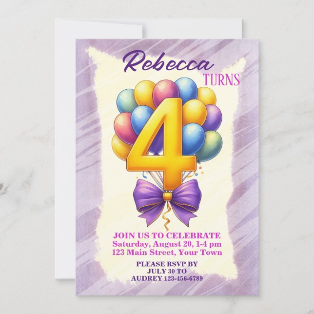 Invitación 4.º tema del globo de cumpleaños (Anverso)