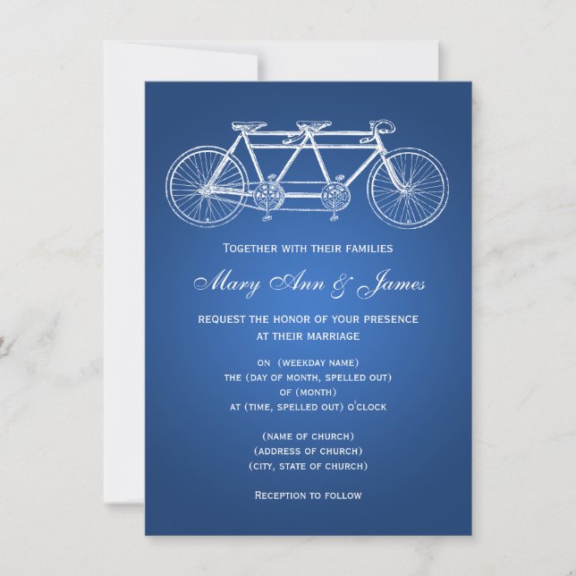 Invitación 4,5 x 6,25 Boda simple tándem en bicicleta azul (Anverso)
