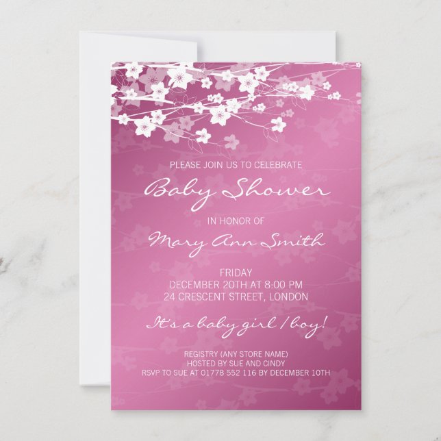 Invitación 4.5x6.25 Baby Shower Cherry Blossom Pink (Anverso)