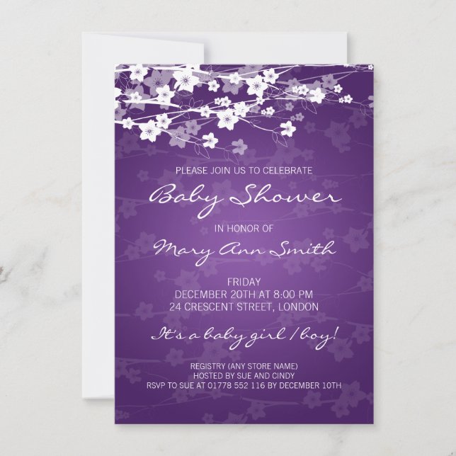 Invitación 4.5x6.25 Baby Shower Cherry Blossom Purple (Anverso)