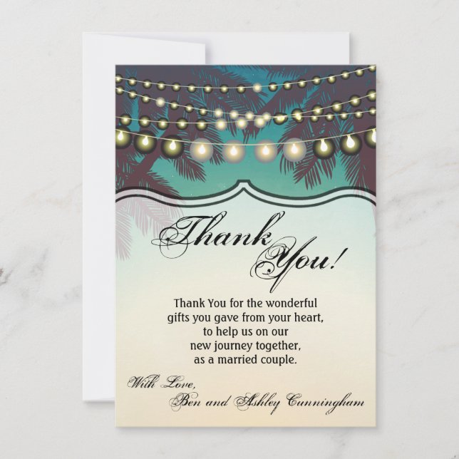 Invitación 4.5x6.25 Gracias Card Beach Sunset Palm Trees St (Anverso)