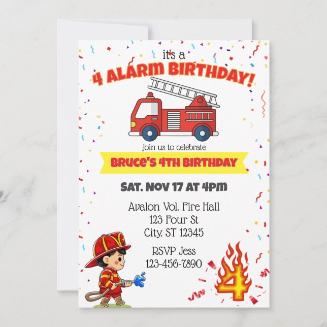 Invitación 4 Alarm Fire Fighter 4th Birthday (Anverso)