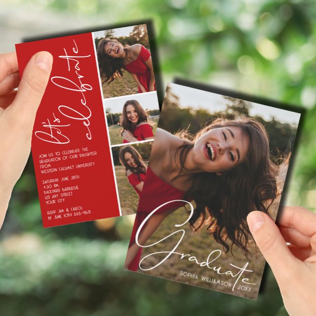 Invitación 4 Collage de fotos Graduación Rojo escarlata (4 Photo Collage Graduation Scarlet Red Invitations)